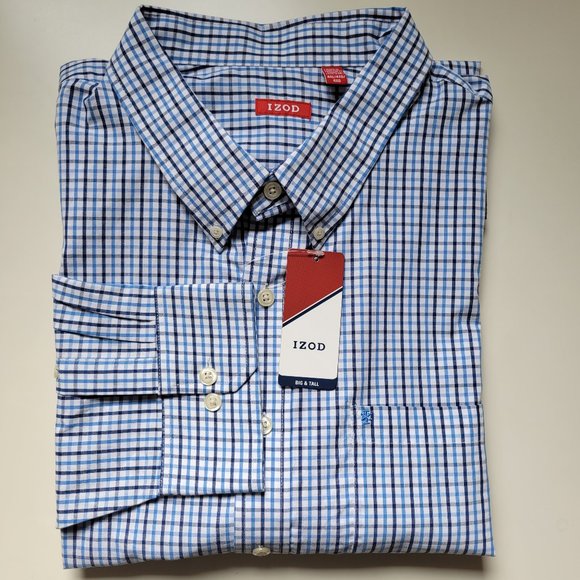 IZOD Mens Big & Tall Classic Fit Long Sleeve Plaid Button-Down Shirt - Picture 1 of 9
